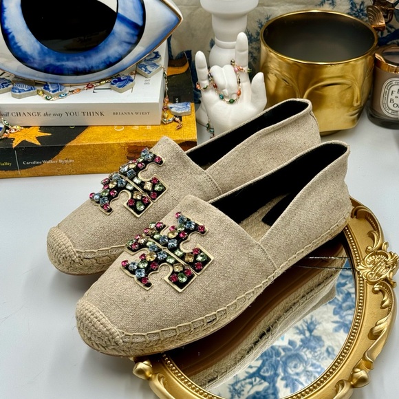 🆕 TORY BURCH 🧿 NWOT Ines Linen & Leather Bejewelled Espadrilles - Size 9 - Picture 10 of 16